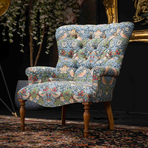 Selfridges Buttoned Wing Chair in Morris Blue Velvet