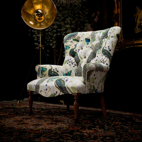 Selfridges Buttoned Wing Chair in Cream Peacock Chintz Velvet - Clearance