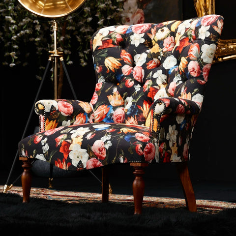 Selfridges Buttoned Wing Chair in Floral Clio Velvet