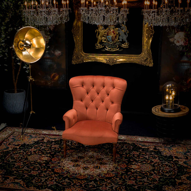 Selfridges Buttoned Wing Chair in Marmalade Orange Velvet