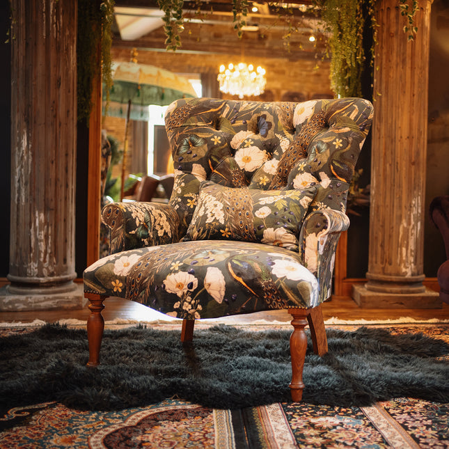 Selfridges Buttoned Wing Back Chair in Peacock Butterfly Teal Velvet