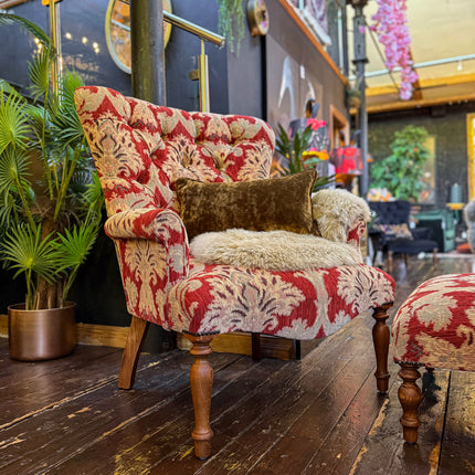 Selfridges Buttoned Wing Back Chair in Aura Woven Chenille Red Velvet