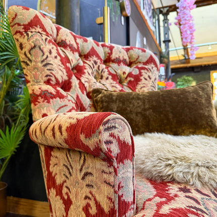 Selfridges Buttoned Wing Back Chair in Aura Woven Chenille Red Velvet