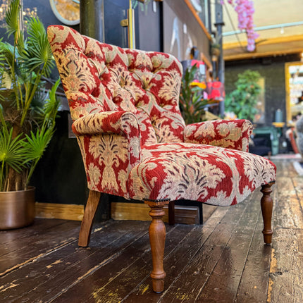 Selfridges Buttoned Wing Back Chair in Aura Woven Chenille Red Velvet