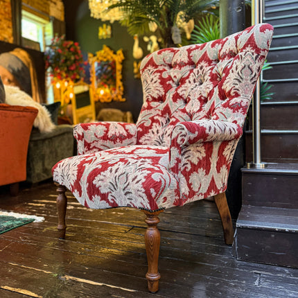 Selfridges Buttoned Wing Back Chair in Aura Woven Chenille Red Velvet