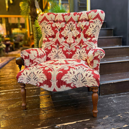 Selfridges Buttoned Wing Back Chair in Aura Woven Chenille Red Velvet