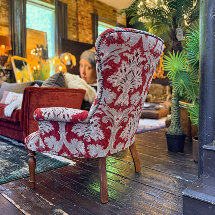 Selfridges Buttoned Wing Back Chair in Aura Woven Chenille Red Velvet