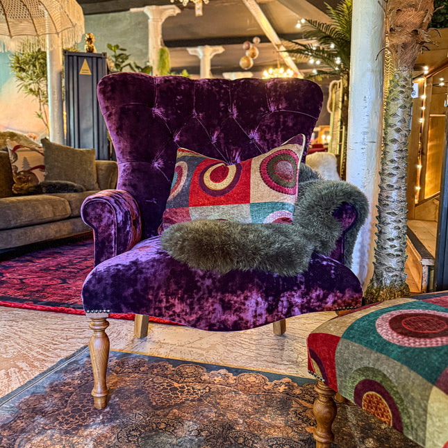 Selfridges Buttoned Wing Back Chair in Mulberry Dress Circle & Sunshine Amethyst