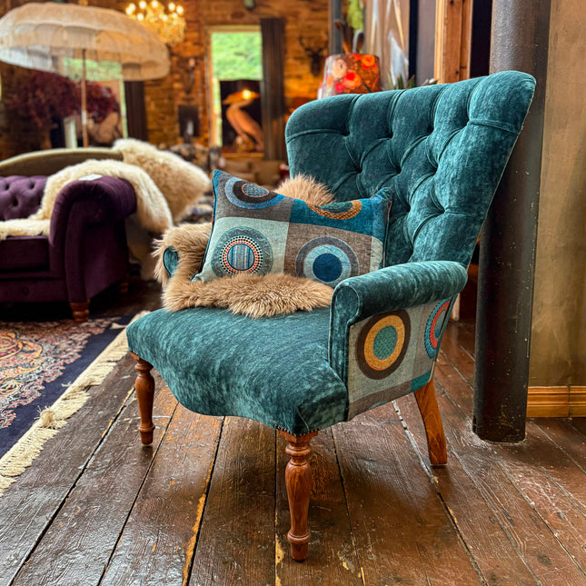 Selfridges Buttoned Wing Back Chair in Dress Circle Teal & Sunshine Turquoise
