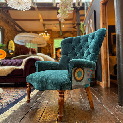 Selfridges Buttoned Wing Back Chair in Dress Circle Teal & Sunshine Turquoise