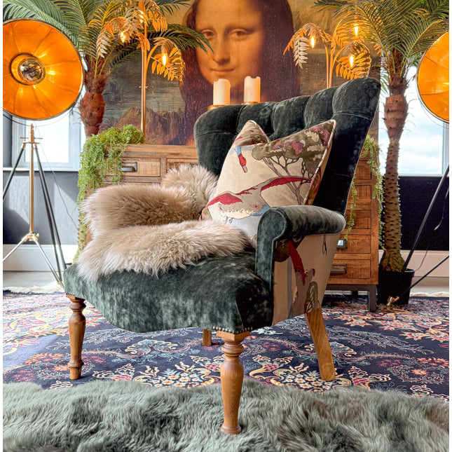 Selfridges Buttoned Wing Back Chair in Mulberry Flying Ducks & Sunshine Emerald - New