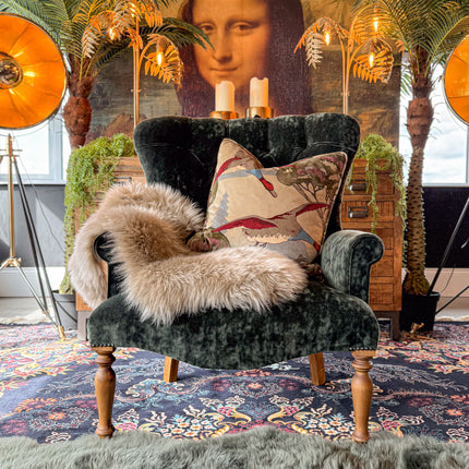 Selfridges Buttoned Wing Back Chair in Mulberry Flying Ducks & Sunshine Emerald - New