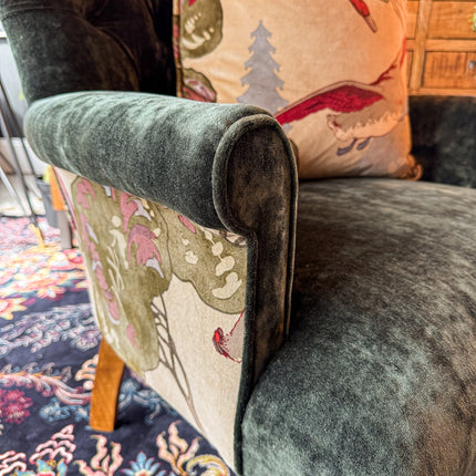 Selfridges Buttoned Wing Back Chair in Mulberry Flying Ducks & Sunshine Emerald - New