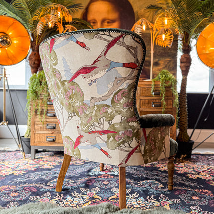 Selfridges Buttoned Wing Back Chair in Mulberry Flying Ducks & Sunshine Emerald - New