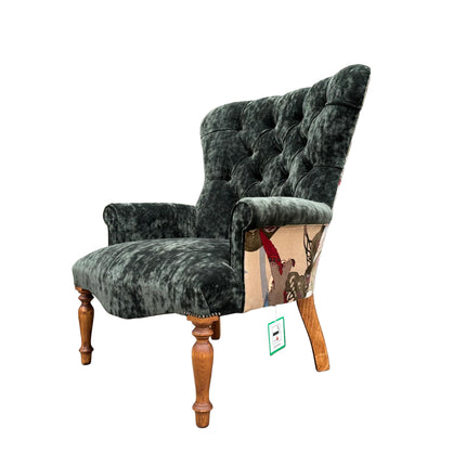 Selfridges Buttoned Wing Back Chair in Mulberry Flying Ducks & Sunshine Emerald - New