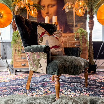 Selfridges Buttoned Wing Back Chair in Mulberry Flying Ducks & Sunshine Emerald - New