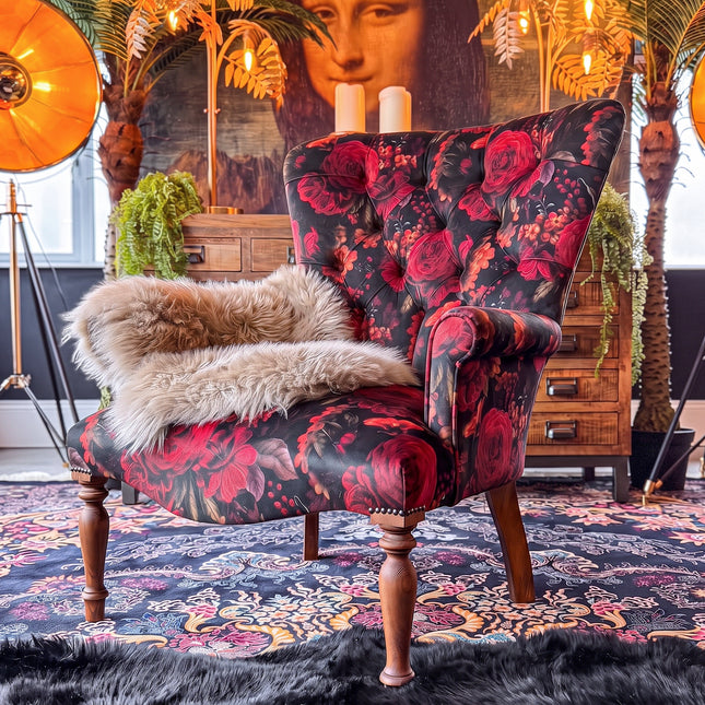 Selfridges Buttoned Wing Back Chair in Midnight Haze Velvet
