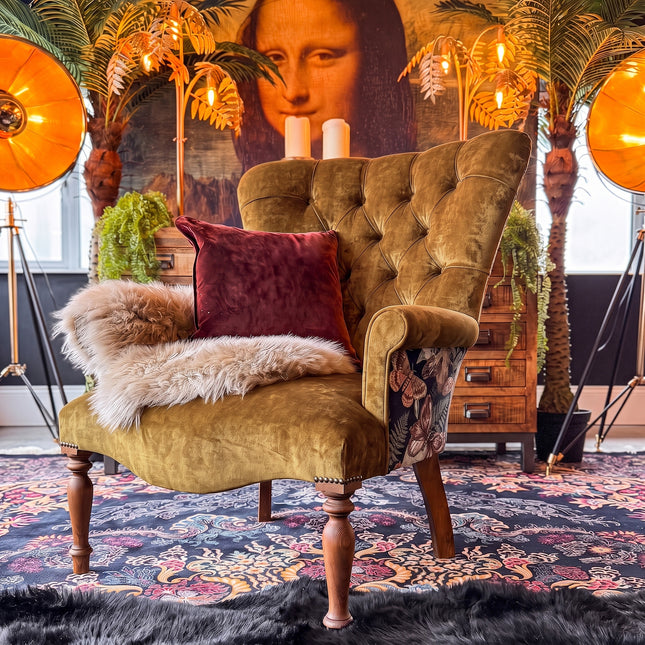 Selfridges Buttoned Wing Back Chair in Opulence Bronze & Skull & Wildflower Velvet