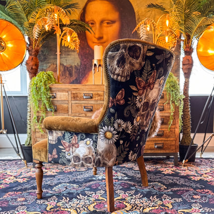 Selfridges Buttoned Wing Back Chair in Opulence Bronze & Skull & Wildflower Velvet