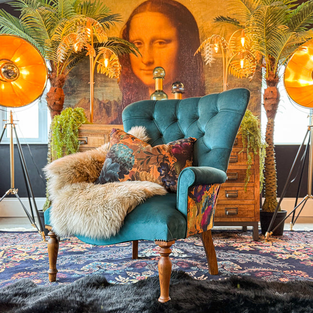 Selfridges Buttoned Wing Back Chair in Plush New Teal & Opal Flora - New