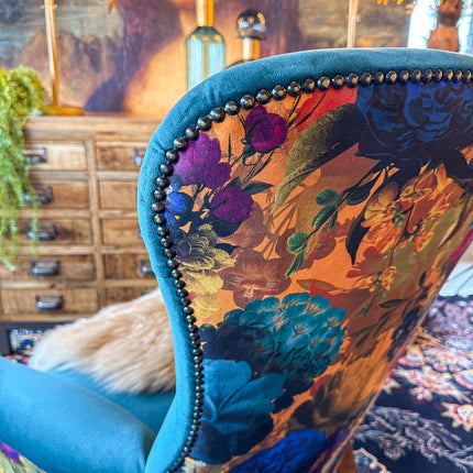 Selfridges Buttoned Wing Back Chair in Plush New Teal & Opal Flora - New