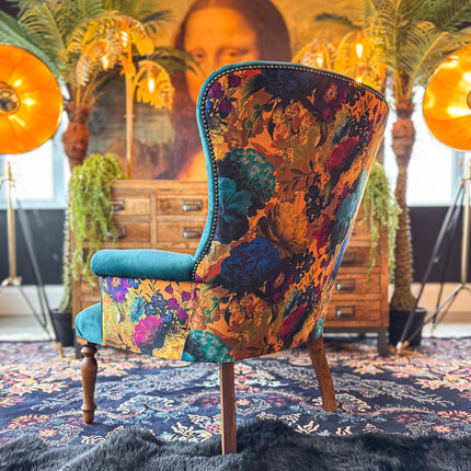 Selfridges Buttoned Wing Back Chair in Plush New Teal & Opal Flora - New