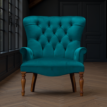 Selfridges Buttoned Wing Back Chair in Plush Teal Velvet - Clearance