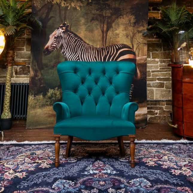 Selfridges Buttoned Wing Back Chair in Plush Teal Velvet - Clearance