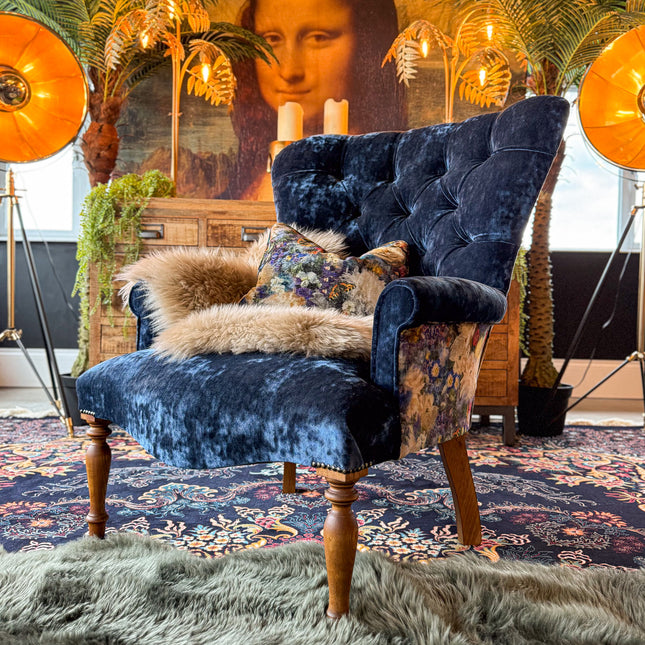 Selfridges Buttoned Wing Back Chair in GP & J Baker Royal Garden Sapphire & Sunshine Sapphire - New