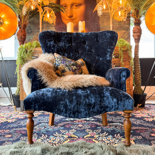 Selfridges Buttoned Wing Back Chair in GP & J Baker Royal Garden Sapphire & Sunshine Sapphire - New