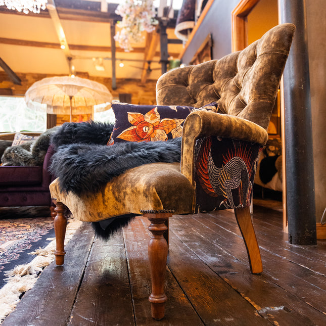 Selfridges Buttoned Wing Back Chair in Sunshine Bronze & Imperial Phoenix Dragon - New