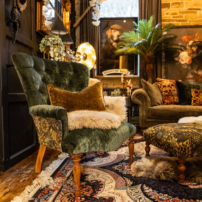 Selfridges Buttoned Wing Back Chair in Sunshine Emerald & Celestial Gilded - New