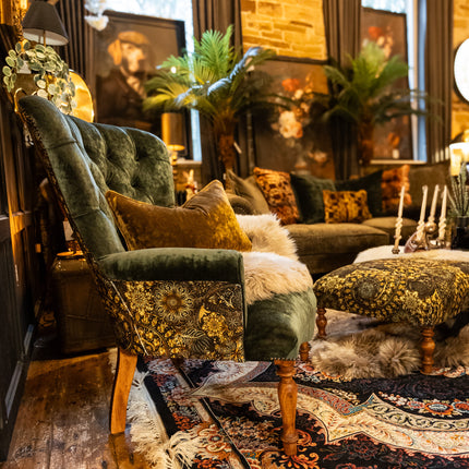 Selfridges Buttoned Wing Back Chair in Sunshine Emerald & Celestial Gilded - New