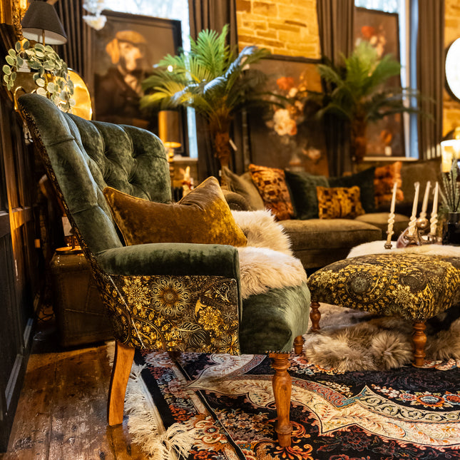 Selfridges Buttoned Wing Back Chair in Sunshine Emerald & Celestial Gilded - New