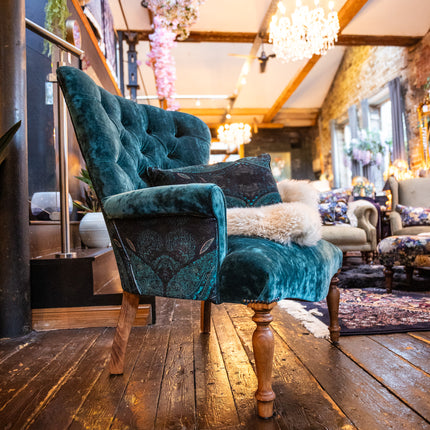 Selfridges Buttoned Wing Back Chair in Sunshine Turquoise & Bohemian Teal Paisley - New