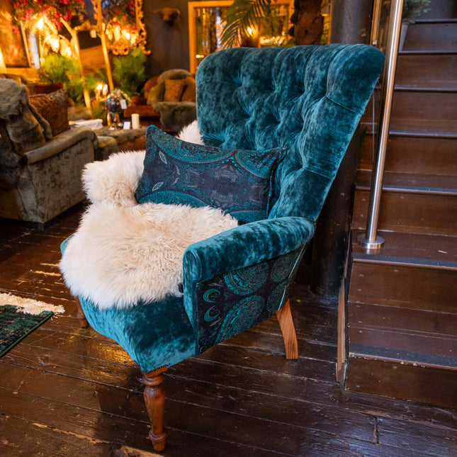 Selfridges Buttoned Wing Back Chair in Sunshine Turquoise & Bohemian Teal Paisley - New