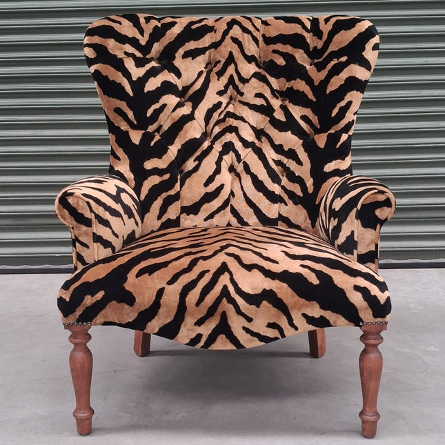Selfridges Buttoned Wing Back Chair in Zebra Gold Animal Velvet - Ex Display