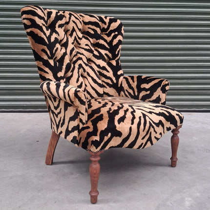 Selfridges Buttoned Wing Back Chair in Zebra Gold Animal Velvet - Ex Display