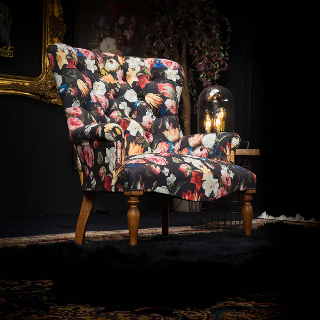 Selfridges Buttoned Wing Chair in Floral Clio Velvet