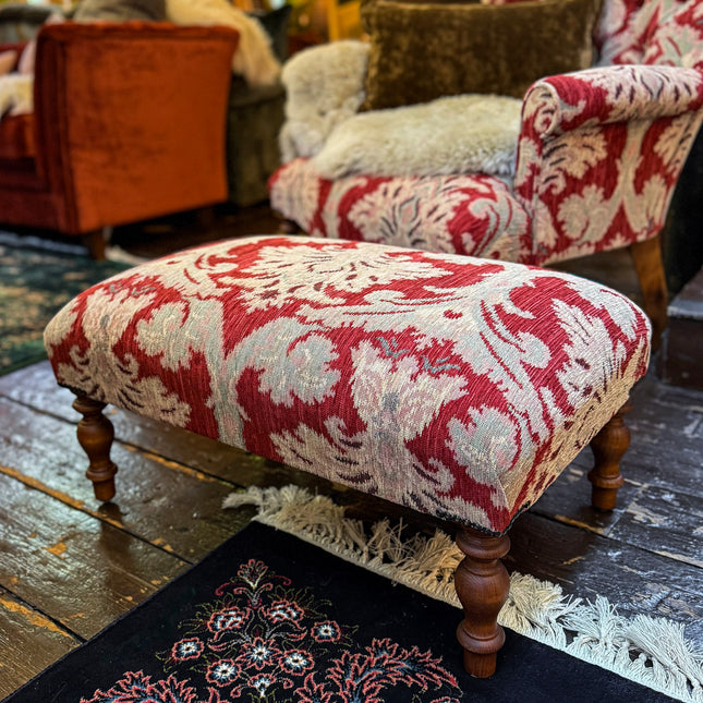 Selfridges Small Footstool in Aura Woven Chenille Red Velvet