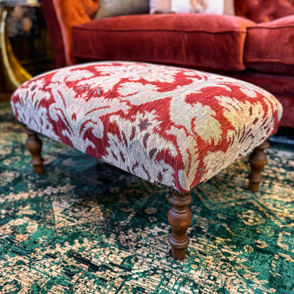 Selfridges Small Footstool in Aura Woven Chenille Red Velvet