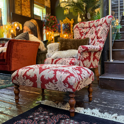 Selfridges Small Footstool in Aura Woven Chenille Red Velvet