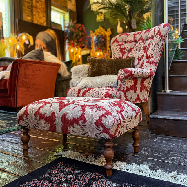 Selfridges Small Footstool in Aura Woven Chenille Red Velvet