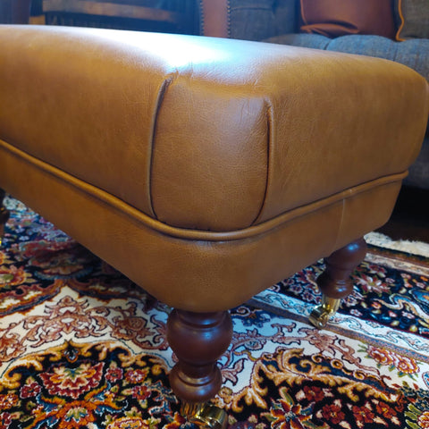 Semi Circular Footstool Brown Tan Leather (66 x 46 x 37cm) - Clearance
