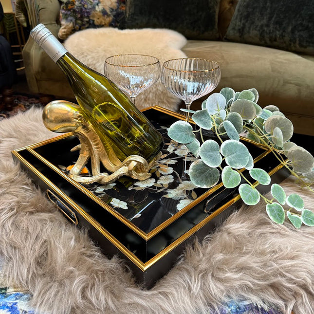 Set of 2 Black Floral Square Trays