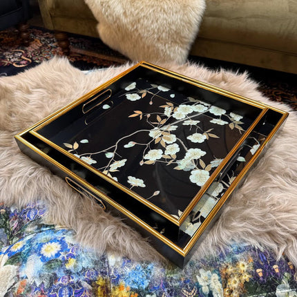 Set of 2 Black Floral Square Trays