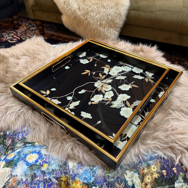 Set of 2 Black Floral Square Trays