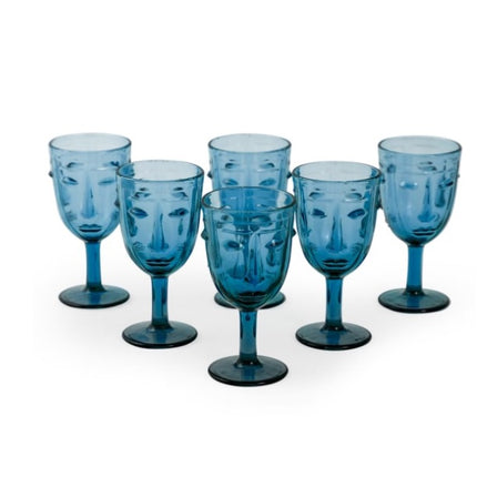 Set of 6 Blue Deco Face Wine Glasses