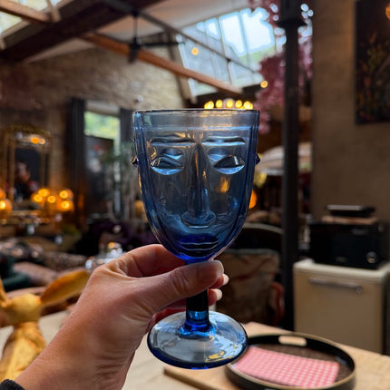 Set of 6 Blue Deco Face Wine Glasses