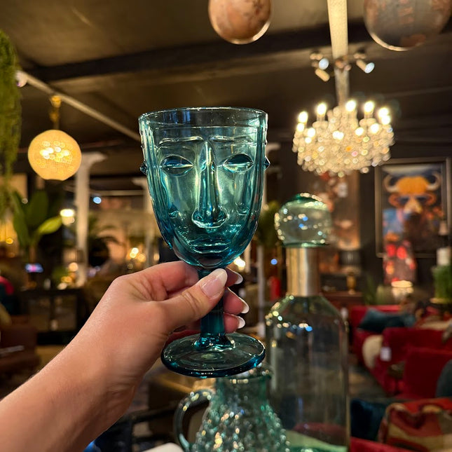 Set of 6 Teal Deco Face Wine Glasses